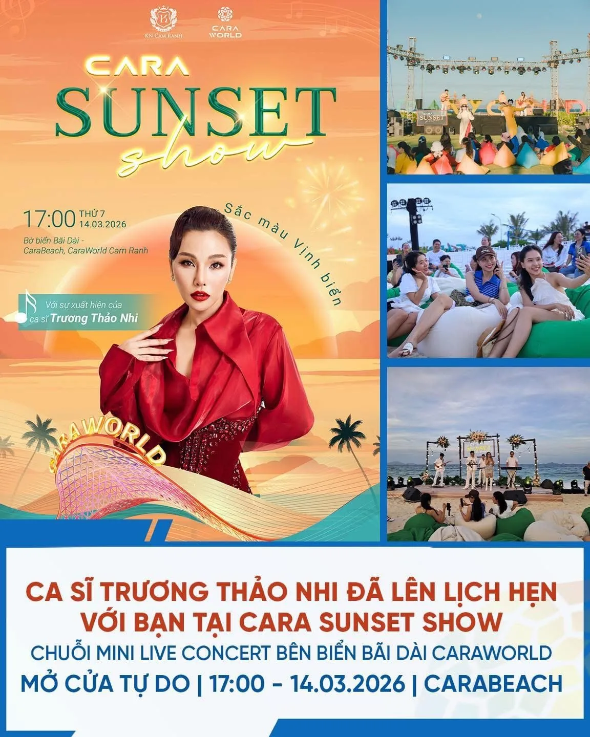 Poster sự kiện Cara Sunset Show ca sĩ Trương Thảo Nhi mini live concert 17h ngày 14 tháng 3 năm 2026 tại Carabeach CaraWorld Poster sự kiện Cara Sunset Show ca sĩ Trương Thảo Nhi mini live concert 17h ngày 14 tháng 3 năm 2026 tại Carabeach CaraWorld