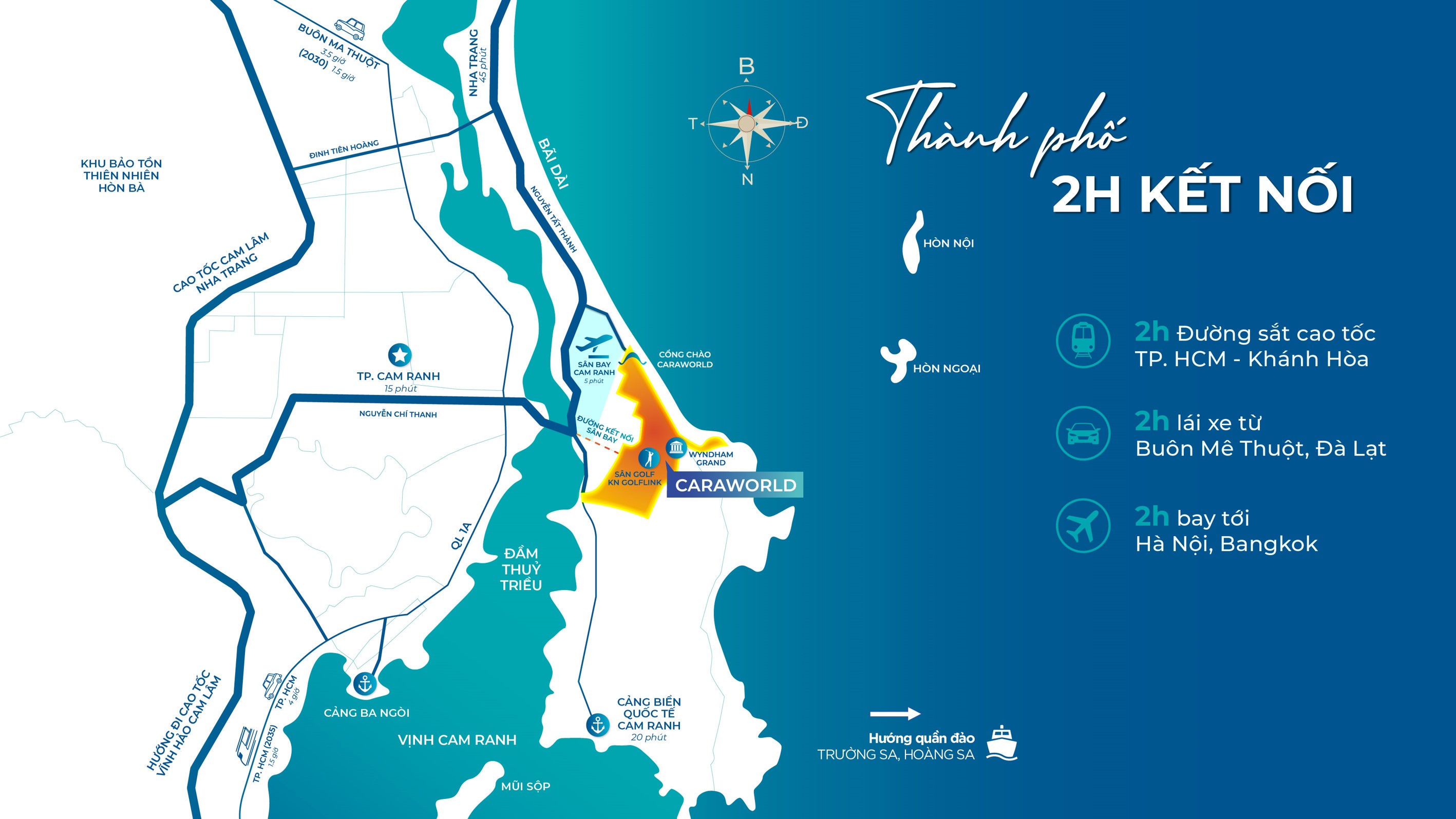 Sơ đồ vị trí CaraWorld — 2 giờ kết nối: tàu cao tốc TP.HCM, lái xe Đà Lạt, bay Hà Nội Bangkok