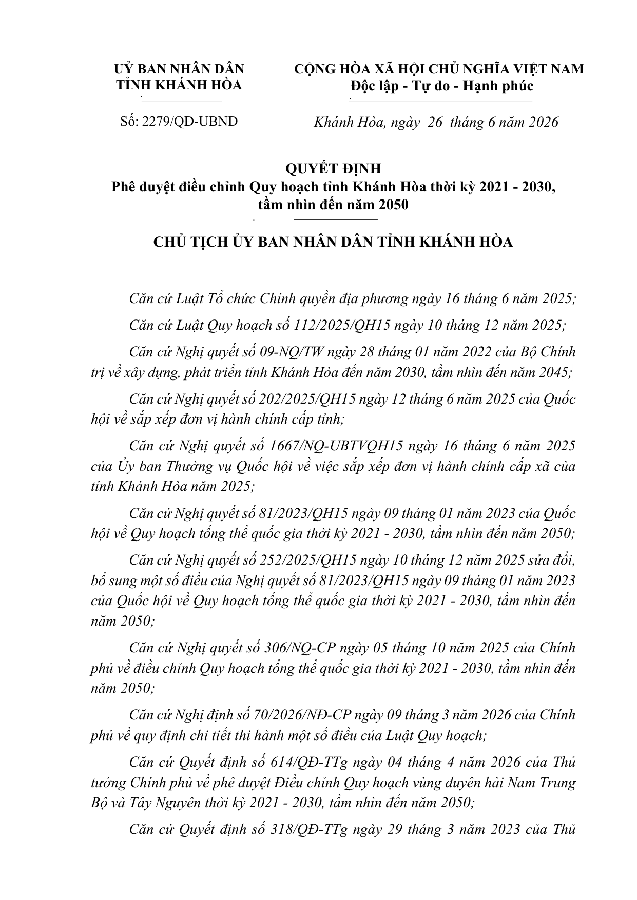 Trang bìa Quyết định 2279/QĐ-UBND ngày 26/6/2026 của UBND tỉnh Khánh Hòa phê duyệt điều chỉnh Quy hoạch tỉnh