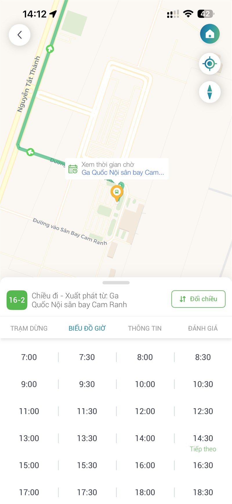 Biểu đồ giờ tuyến VinBus 16-2 chiều đi từ Ga Quốc Nội sân bay Cam Ranh — chuyến đều 30 phút
