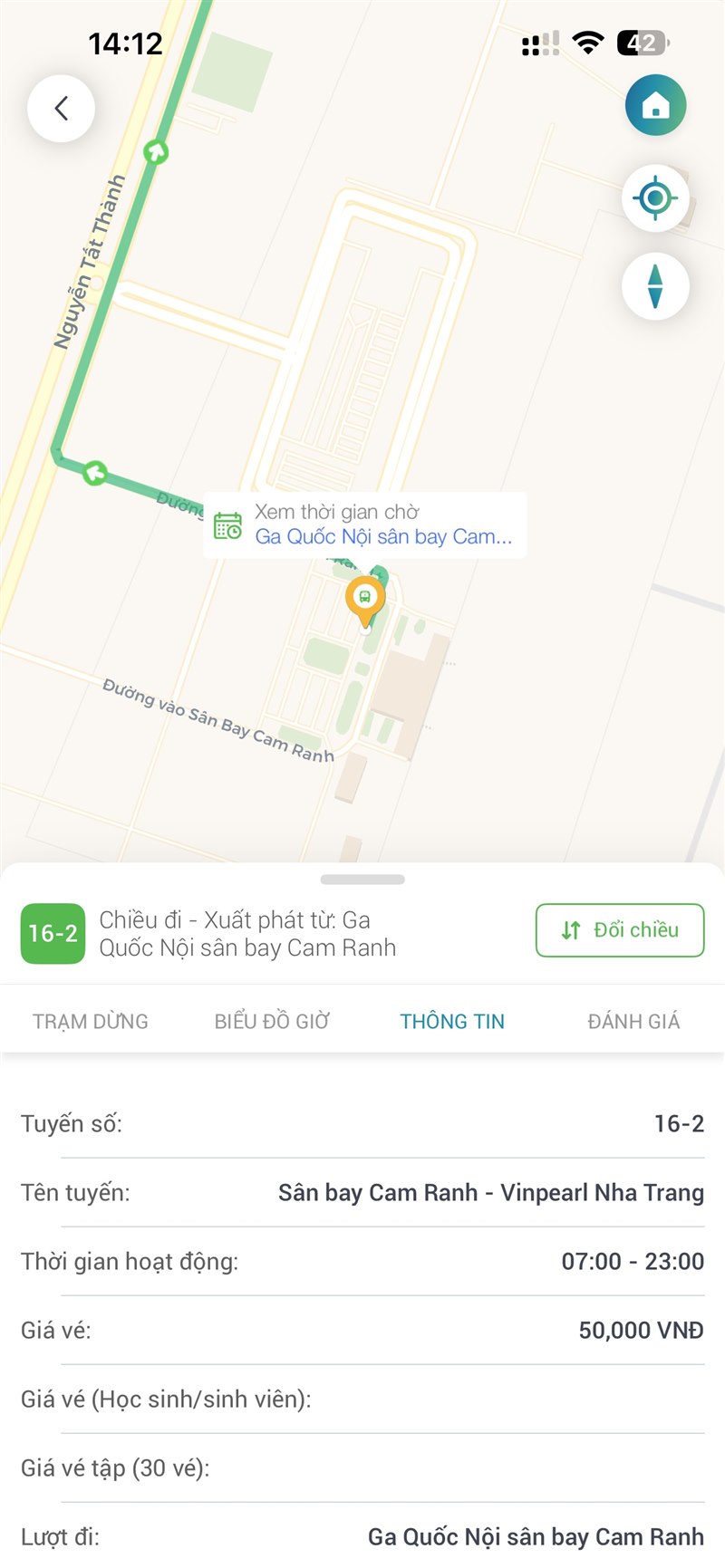 Thông tin tuyến VinBus 16-2 Sân bay Cam Ranh - Vinpearl Nha Trang: giá vé 50.000 đồng, hoạt động 7:00-23:00