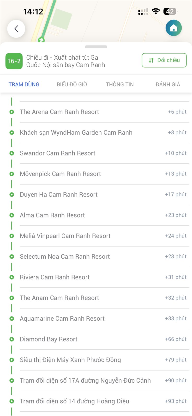 Danh sách trạm dừng tuyến VinBus 16-2 tại các resort Bãi Dài với thời gian từ sân bay Cam Ranh